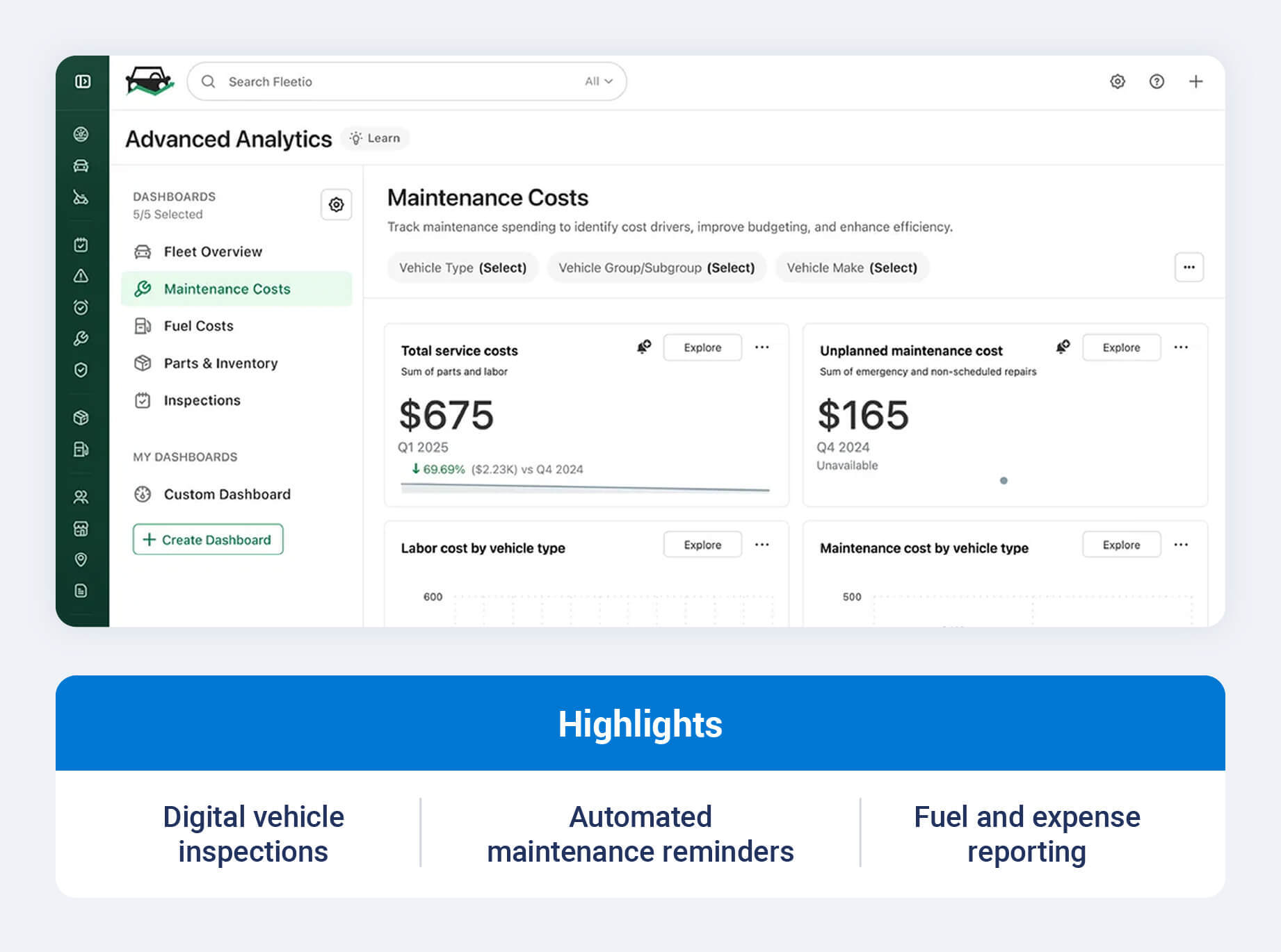 Fleetio construction equipment management platform highlighting automated maintenance reminders, digital inspections and fuel expense reporting.